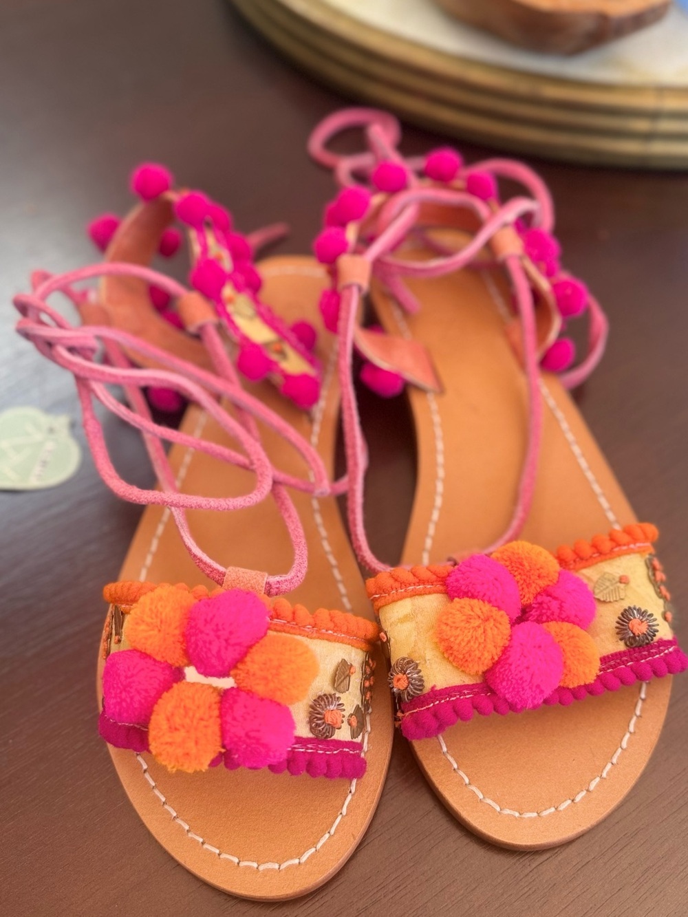 Pom Pom Embellished Gladiator Sandals in Hot Pink & Orange - Picture 2 of 4